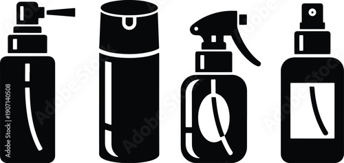 Black silhouette vector set of spray bottles, perfume atomizer and aerosol cosmetic container icons