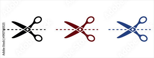 Three colorful scissors cutting different colored dotted lines vector illustration.