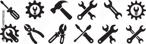 Tools and Service Icons Set Wrench, Screwdriver, and Gear Glyph Symbols