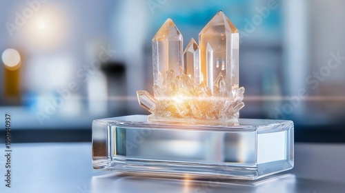 A transparent crystal structure of a mineral, magnified to show individual atoms connected in a glowing geometric pattern