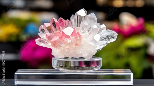 A transparent crystal structure of a mineral, magnified to show individual atoms connected in a glowing geometric pattern