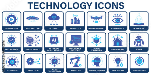Professional Technology Icons – Futuristic Vector Set for AI, Automation, and Smart Systems