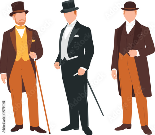 Vintage gentlemen in victorian formal attire vector, flat illustration of men in suits and top-hat