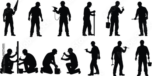 Black silhouettes of construction workers and builders using hand tools including saws drills and hammers isolated on a white background