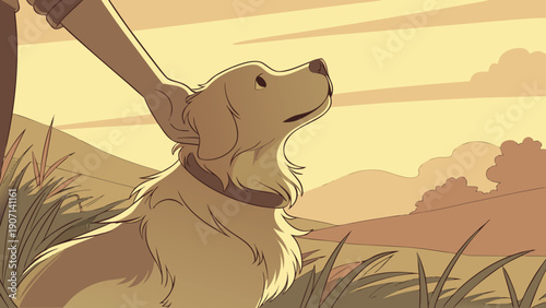 Heartwarming moment of a golden retriever dog looking up at its owner in a serene sunset landscape, evoking feelings of loyalty and companionship