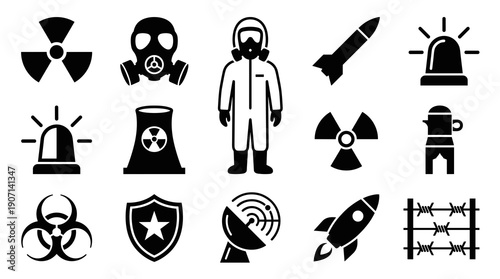 Collection of black flat icons representing nuclear energy radiation hazards military defense war equipment and emergency response safety symbols for design