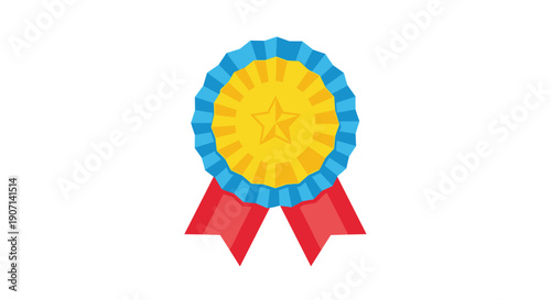 A golden award rosette with a prominent star in the center, encircled by blue pleated fabric and two red ribbons.