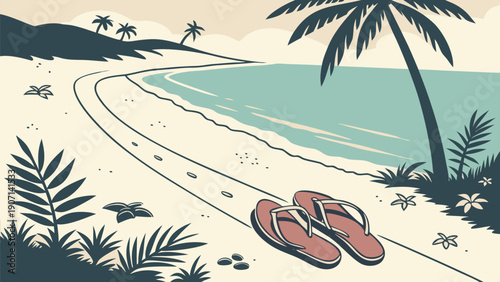 Escape to a serene beach paradise with palm trees swaying in the breeze and flip flops waiting for your return. Relax in a tropical setting with warm sand and crystal-clear waters