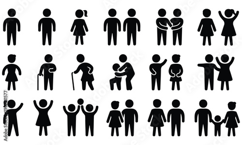 Human stick figure icon set representing family and groups
