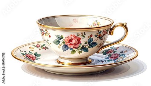 Ornate teacup with floral design on saucer and cup, gold trim, against a white backdrop and soft shadow