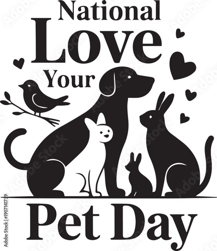 Black and white pet day with dog cat rabbit bird and text