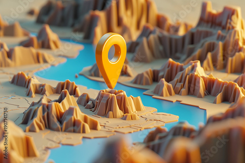 Exploring topographic map with a prominent location marker on a riverbank landscape