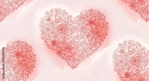 A delicate floral heart pattern is centrally positioned among surrounding floral motifs on a soft pink background, viewed from directly above.