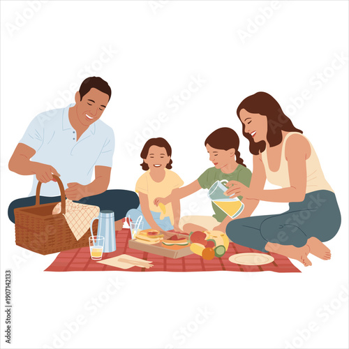 A happy family enjoying a picnic together on a red blanket