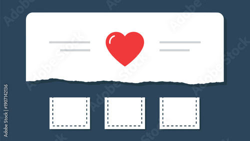 Stylized red heart icon placed on a torn paper background with abstract lines and rectangular elements on a dark blue base.