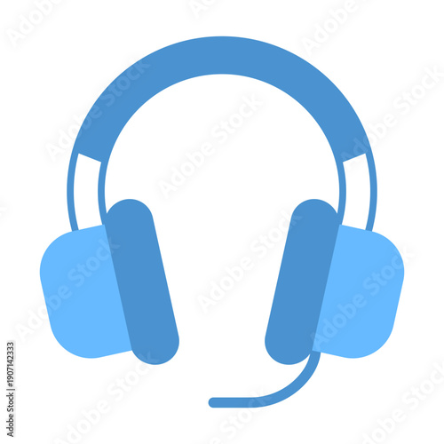 Blue headset icon with microphone, Customer support and call center symbol, Online communication and webinar equipment, Gaming headset flat design, Audio technology for telemarketing