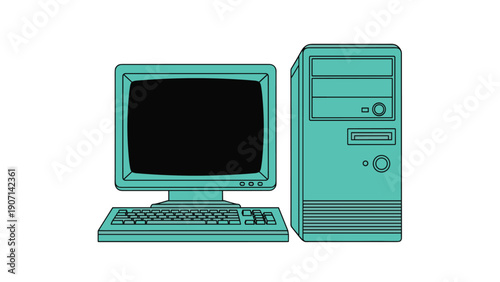 Illustration of a vintage desktop computer setup including a bulky monitor, tower unit, and keyboard in a teal color palette.