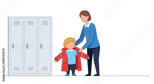 A woman with brown hair helps a small child with curly blonde hair put on a red winter coat next to gray lockers.