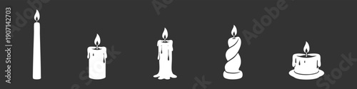 Set of white candle silhouettes in various shapes with flames on a dark background. Minimalist vector icons for memorial, prayer, or home decor.