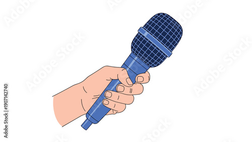 Person holding a blue microphone in their hand representing public speaking, performance, reporting, or musical entertainment.