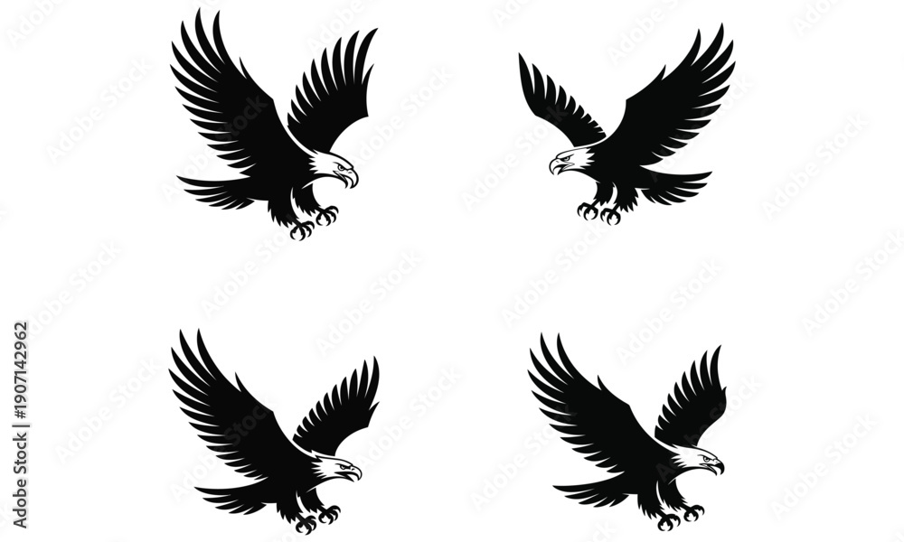 Fototapeta premium Flying eagle silhouette set isolated on white background 