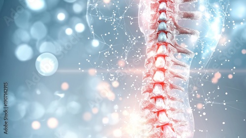 Abstract human spine showing scoliosis, with areas of abnormal curvature highlighted in red