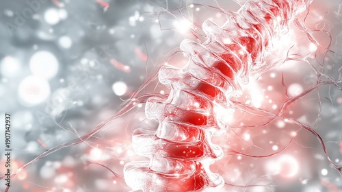 Abstract human spine showing scoliosis, with areas of abnormal curvature highlighted in red