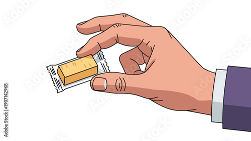 Human hand holding a small rectangular piece of candy or gum wrapped in a clear plastic film with serrated edges for easy opening.