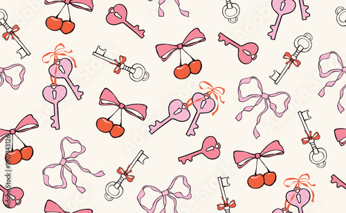  Whimsical valentine seamless pattern with heart, red cherry, pink bow, ribbon, keys. Coquette doodle vintage elements for Valentine's Day, wedding, invitation. Hand drawn isolated crayon vector illus
