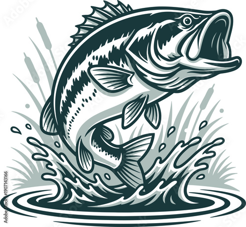 Colorful jumping bass fish illustration with splashing water, dynamic jumping bass fish illustration, bass jumping out of water vector, bass Fish with water vector illustration