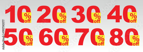 Modern red and yellow percentage discount number set as a creative design element for retail sales, promotional offers, and commercial price tags
