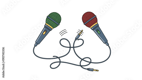 Two colorful microphones with green and red heads connected by a tangled black cord ending in two audio jacks for recording.
