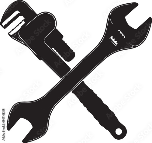 Detailed illustration of adjustable wrench and open end wrench crossed construction tool repair equipment maintenance spanner instrument hand tool for mechanical engineering industrial service constru