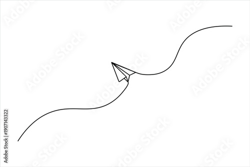 A minimalist single-line drawing of a paper airplane flying on a white background. This elegant vector art represents freedom and creative ideas.