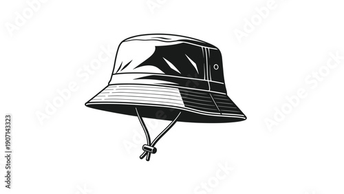 Monochrome illustration of a classic bucket hat with a chin strap and toggle shown from a three-quarter perspective on white.