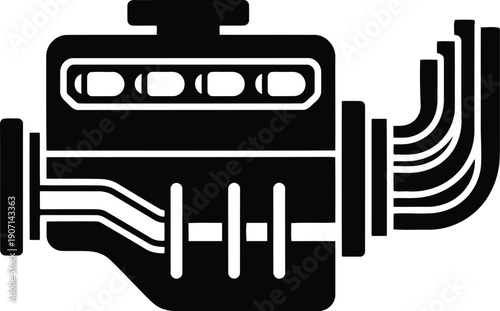 Black Silhouette of a Compact Engine with Exhaust Pipes motor mechanical