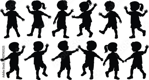Children playing silhouettes collection, happy kids jumping and waving poses, childhood activity concept, black isolated child figures illustration