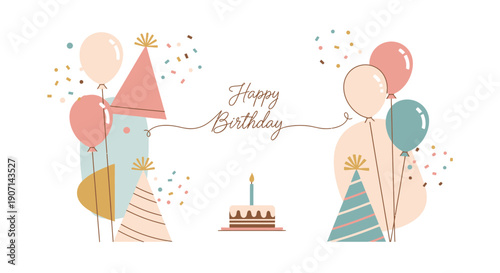 Happy birthday celebration with colorful balloons and cake