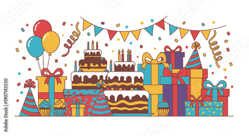 Vibrant birthday celebration with colorful gifts and delicious cake