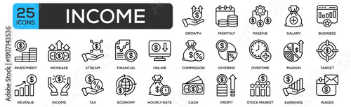 Income Icon Collection Set. Containing Design Income Growth, Monthly Income, Passive Income, Salary Payment, Business