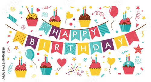 Vibrant Happy Birthday banner with cupcakes and festive decorations
