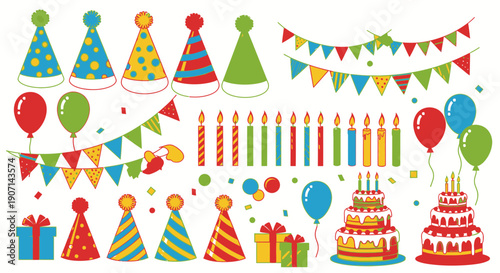 Vibrant birthday party decorations and symbols for celebration