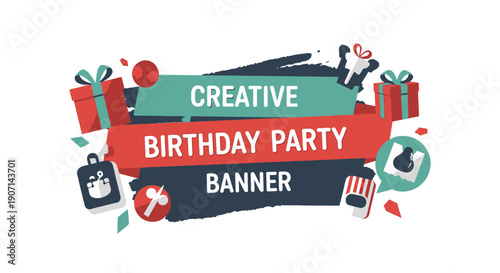 Vibrant creative birthday party banner with gifts and decorations