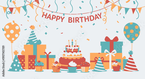 Vibrant birthday celebration with cake gifts and decorations