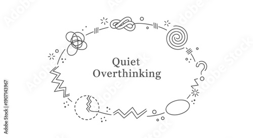 Vector illustration of quiet overthinking concept with abstract doodles and symbols, for mental health or mindfulness website, overlay effect, Isolated on transparent background, png
