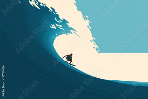 Surfer Riding Inside Massive Ocean Wave Minimal Illustration