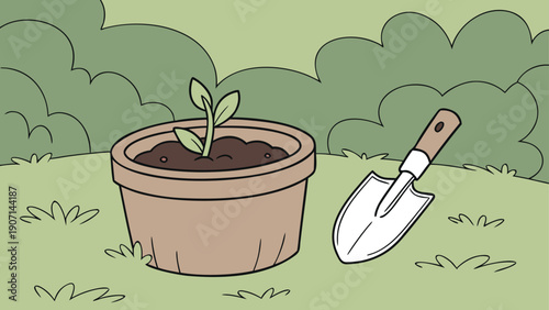 Starting a gardening journey with a small potted plant and shovel in a serene outdoor setting