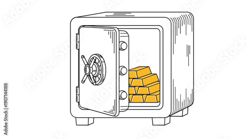 Line drawing of a sturdy metal safe box with the door open revealing a small pile of gold bars reflecting security and riches.