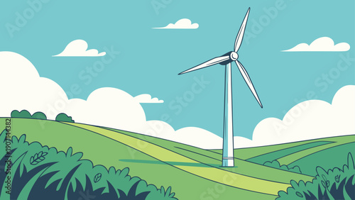 Wind turbine in serene green landscape promoting clean energy and sustainability