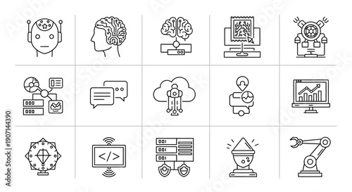 AI and Automation Line Icons Set – Artificial Intelligence, Machine Learning and Robotics Outline Vector